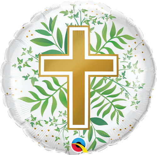 Religious golden cross and greenery foil balloon